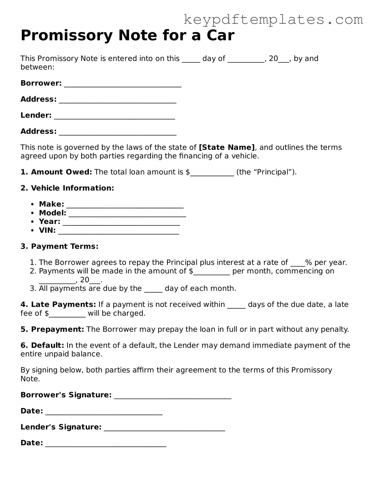 Printable Promissory Note for a Car Template
