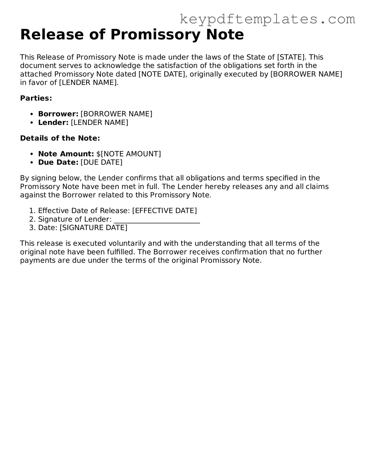 Printable Release of Promissory Note Template