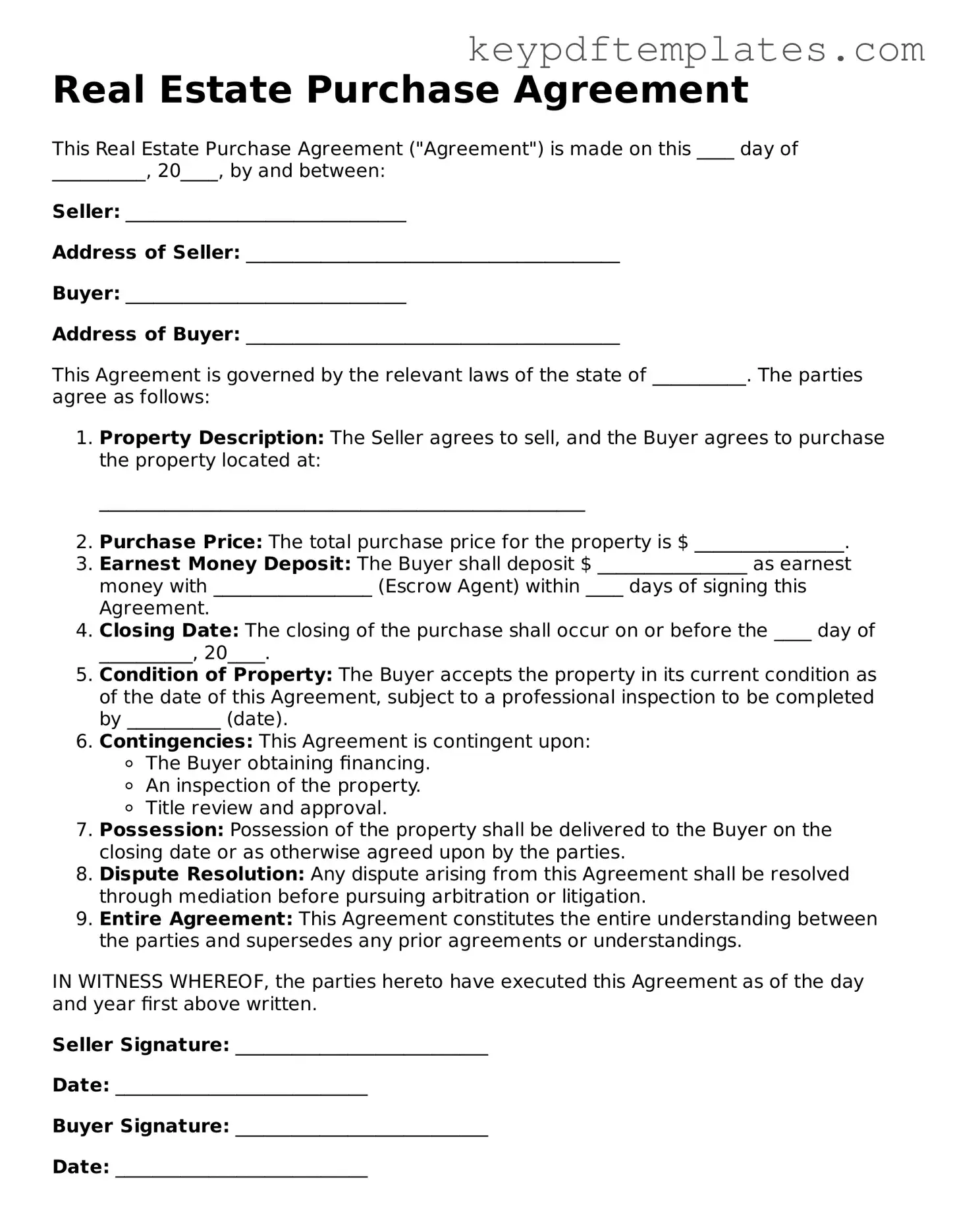 Printable Real Estate Purchase Agreement Template