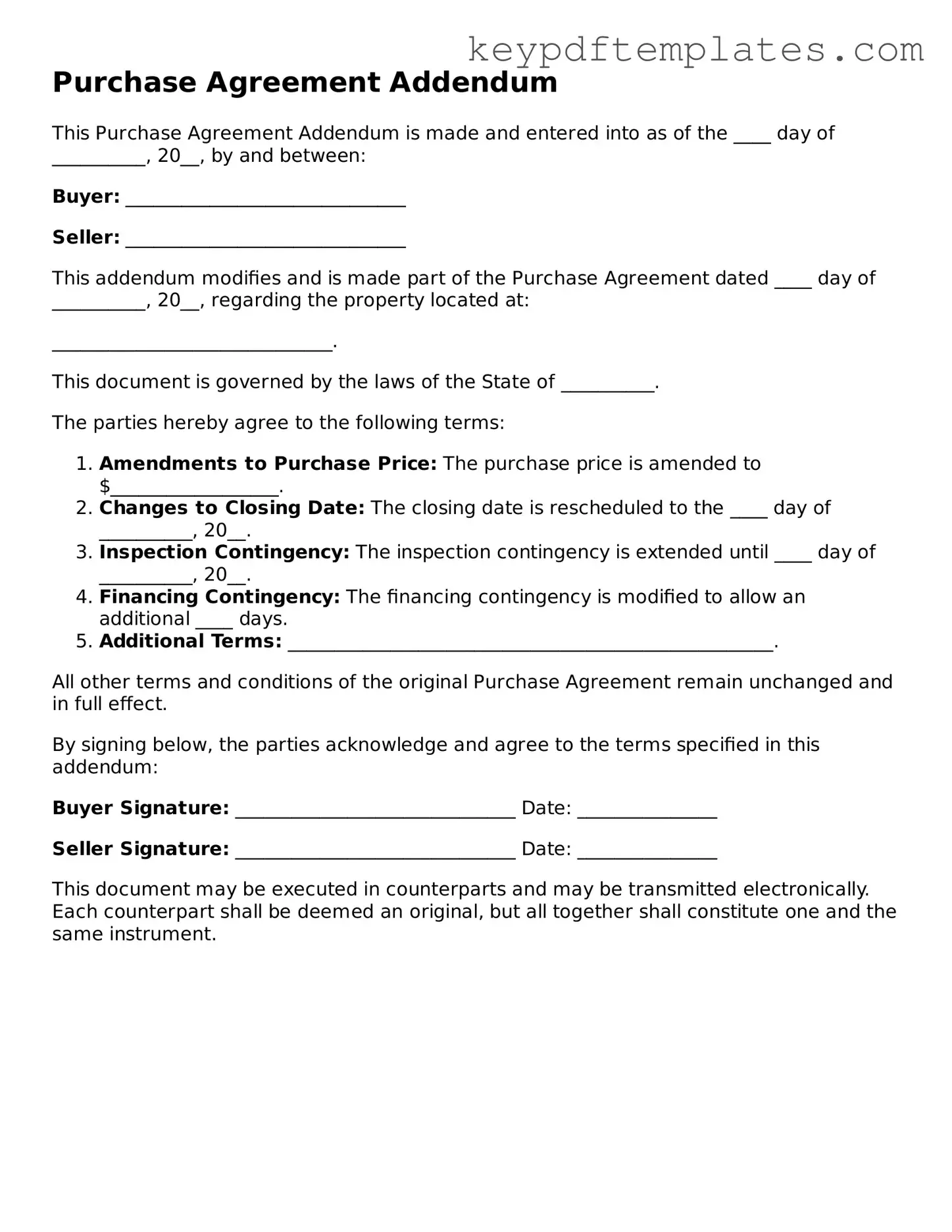 Printable Purchase Agreement Addendum Template