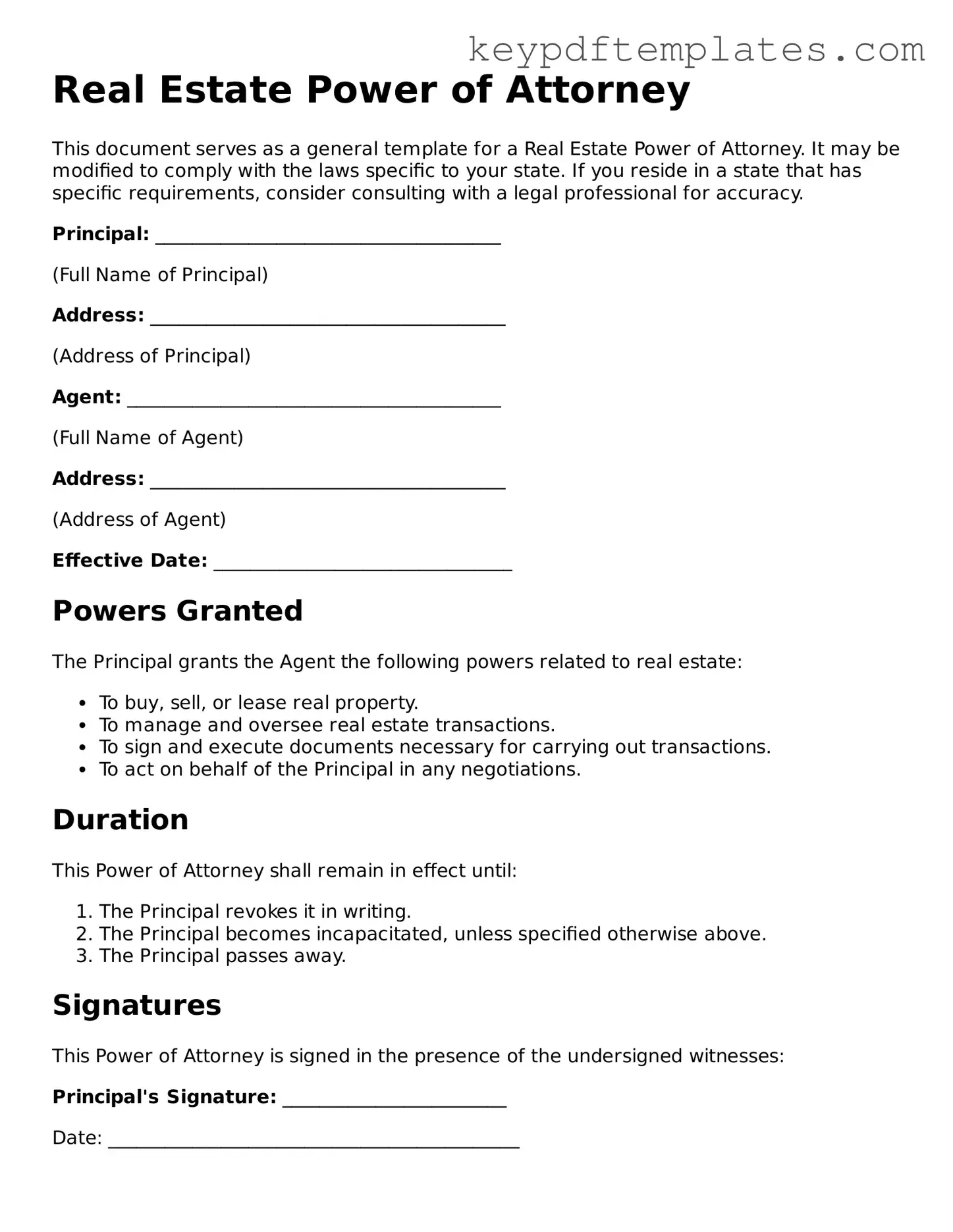 Printable Real Estate Power of Attorney Template