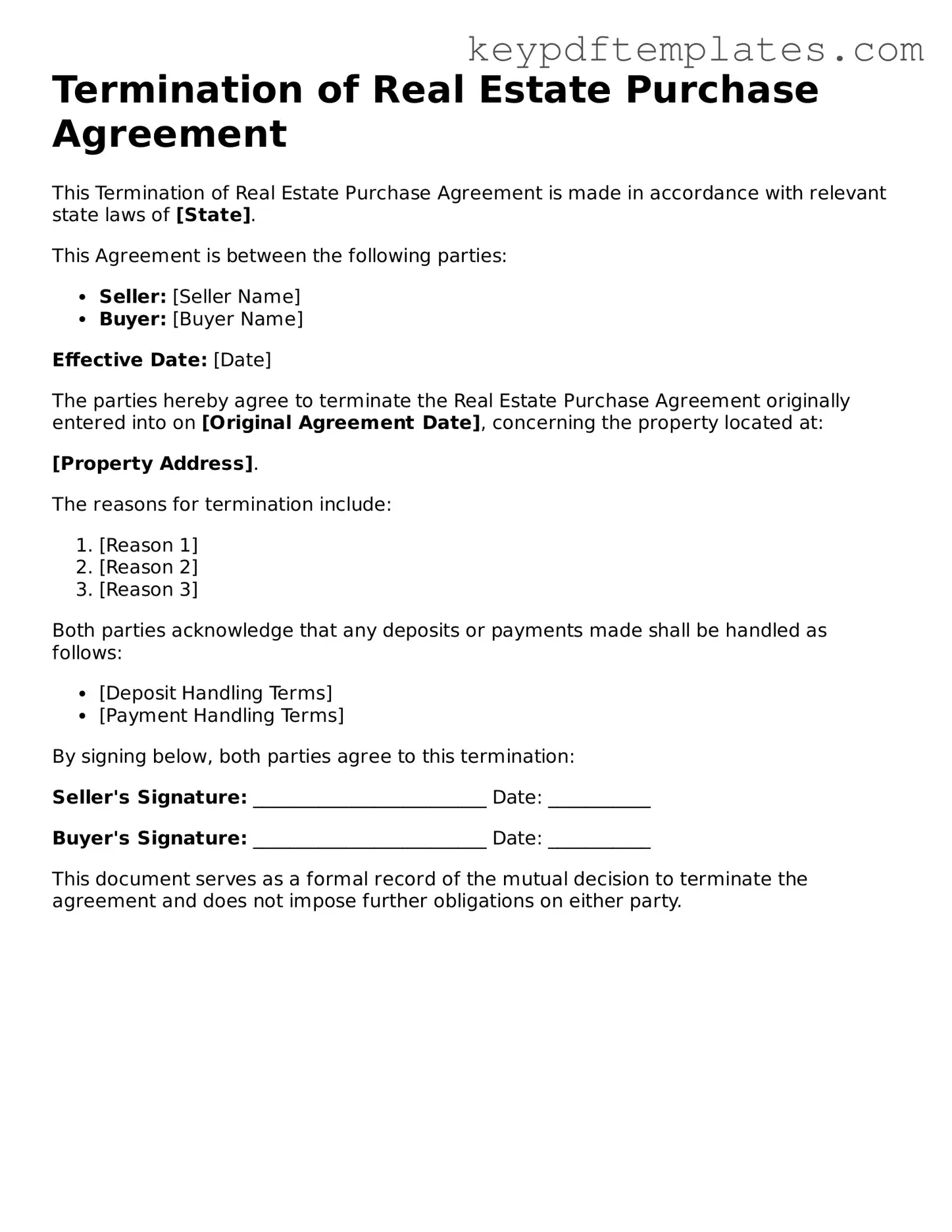 Printable Termination of Real Estate Purchase Agreement Template
