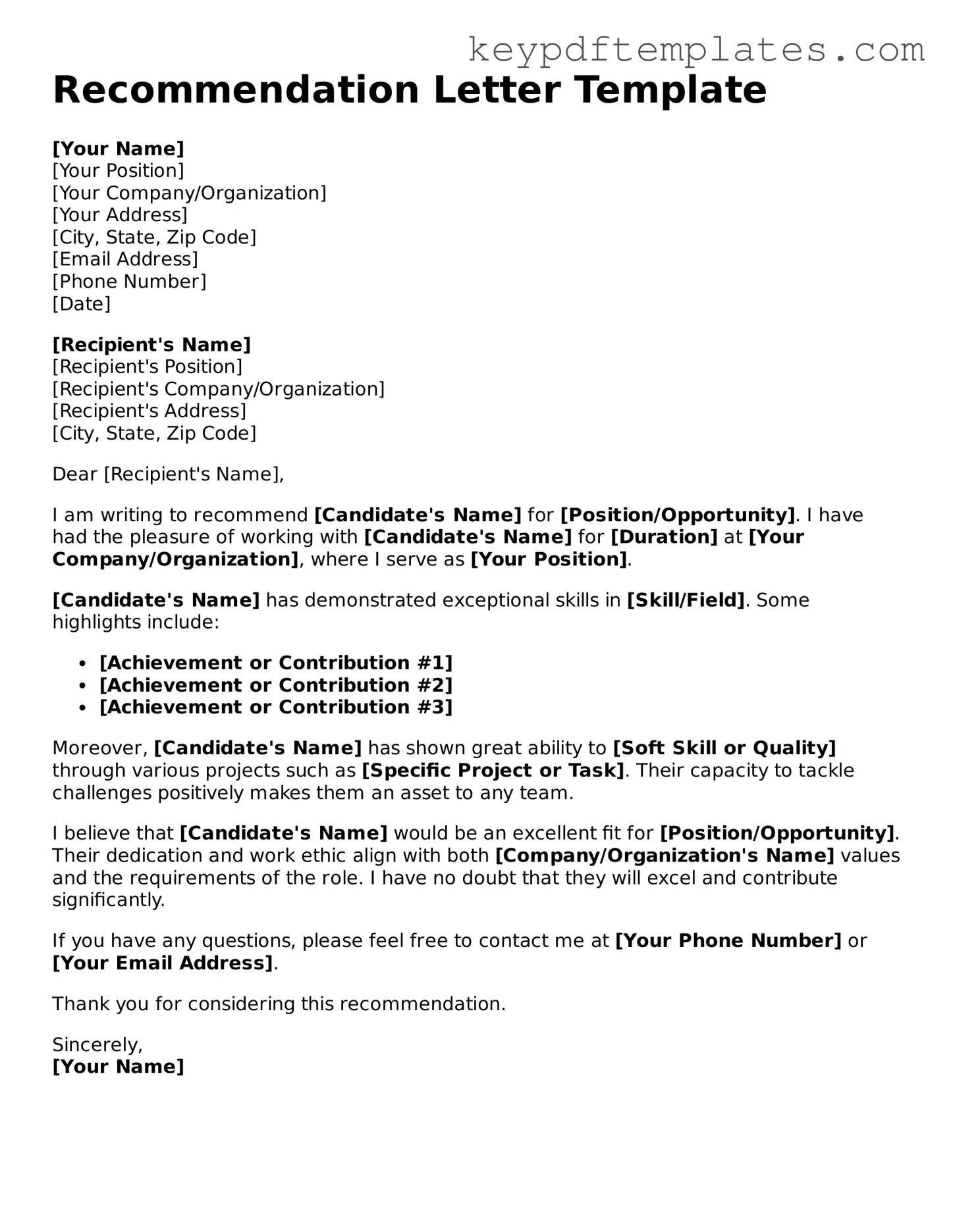 Printable Recommendation Letter Template