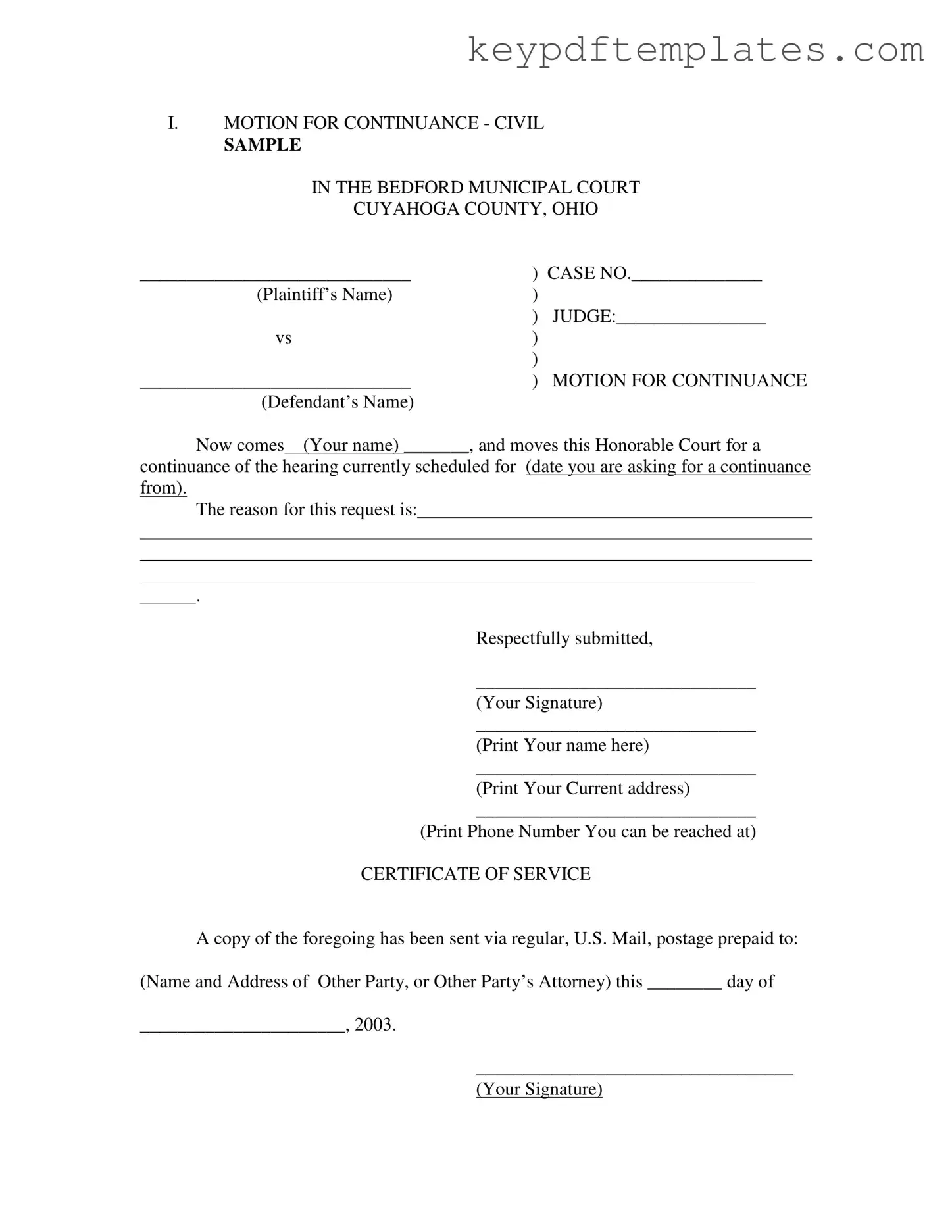 Get Motion For Continuance Form