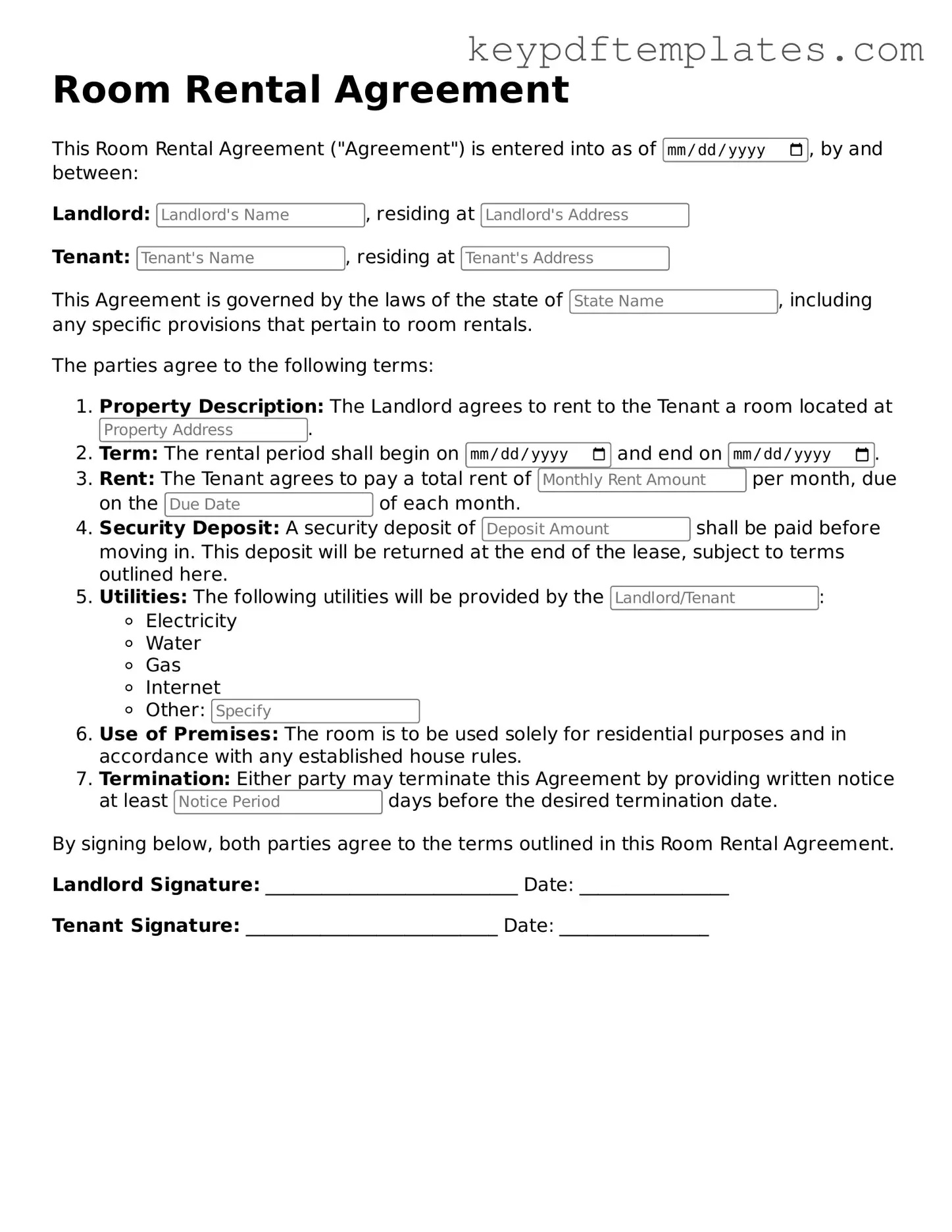 Printable Room Rental Agreement Template