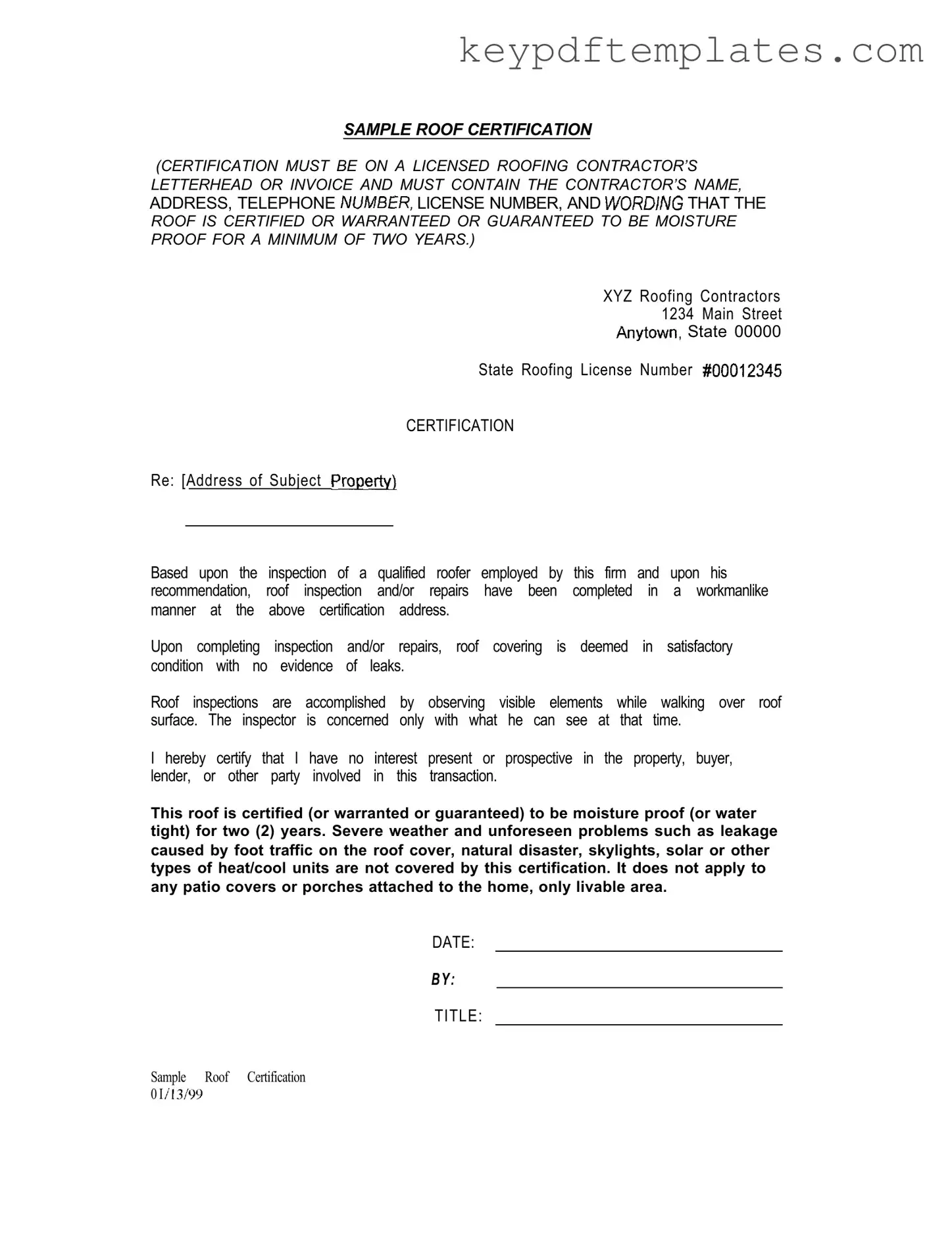 Get Sample Roof Certification Form