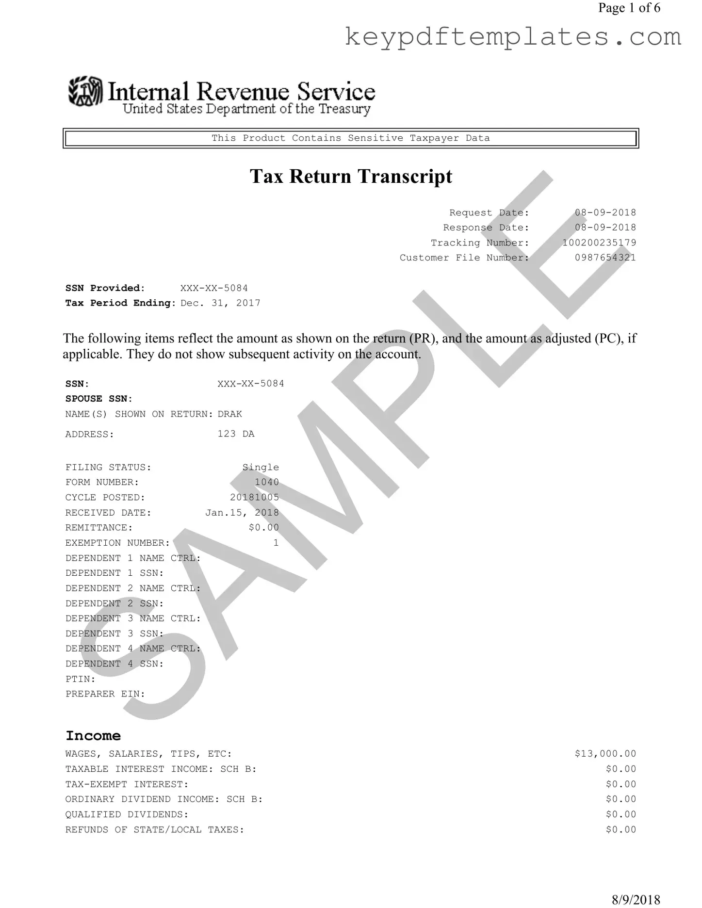 Get Sample Tax Return Transcript Form