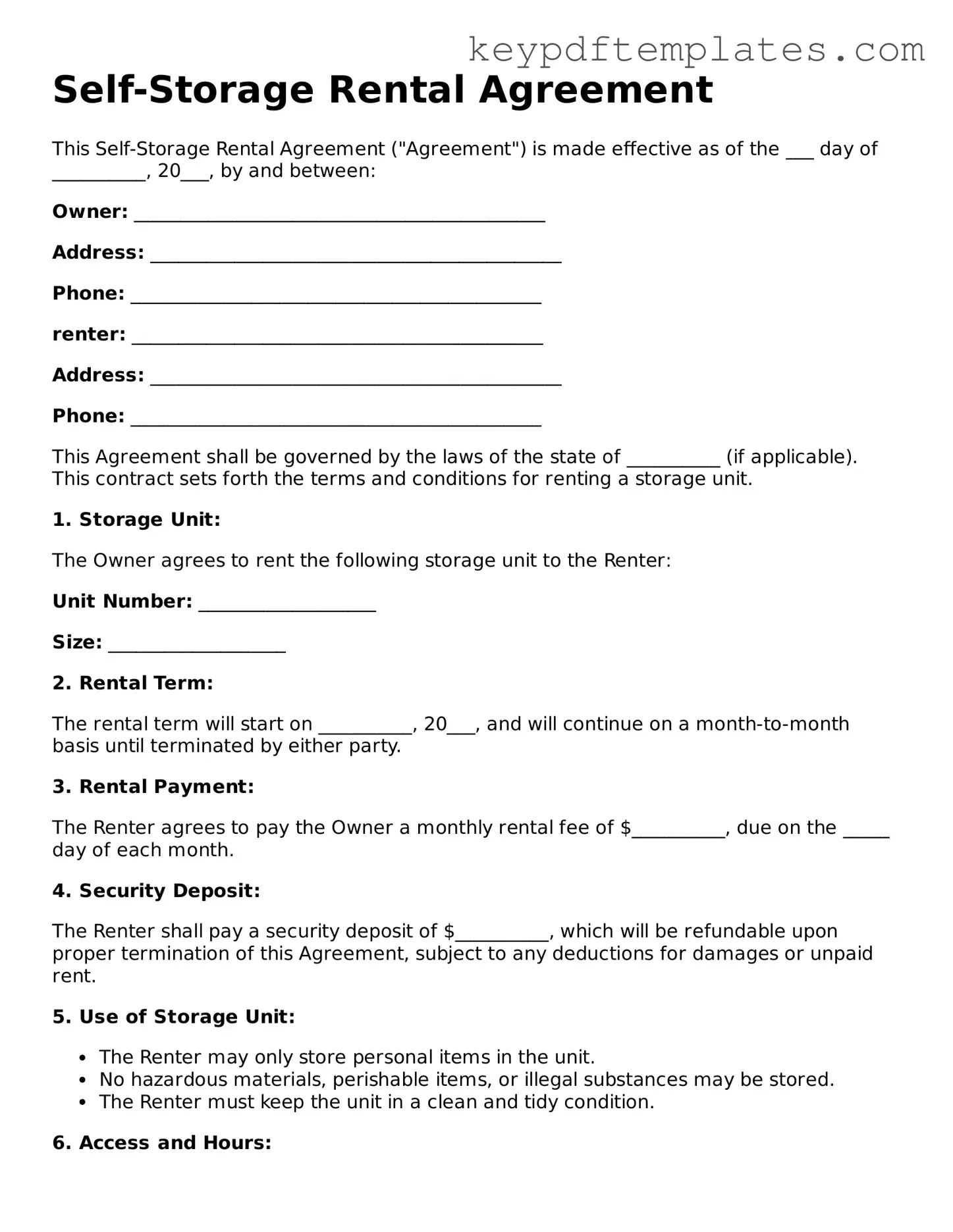 Printable Self-Storage Rental Agreement Template