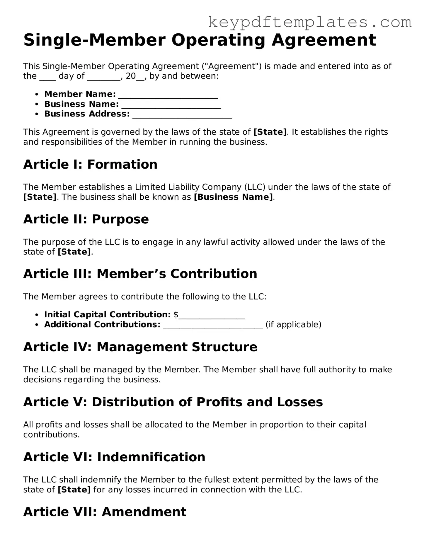 Printable Single-Member Operating Agreement Template