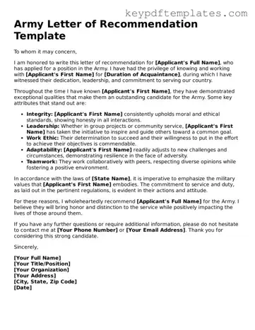 Printable Army Letter of Recommendation Template