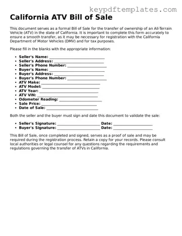 Legal ATV Bill of Sale Document for the State of California