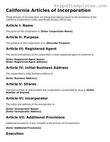 Legal Articles of Incorporation Document for the State of California