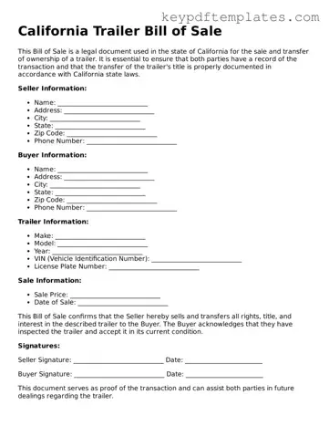 Legal Trailer Bill of Sale Document for the State of California