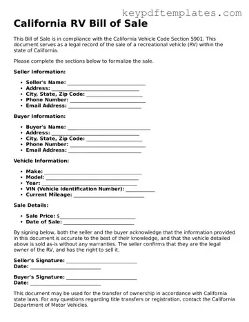 Legal RV Bill of Sale Document for the State of California