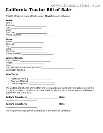 Legal Tractor Bill of Sale Document for the State of California