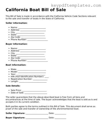 Legal Boat Bill of Sale Document for the State of California