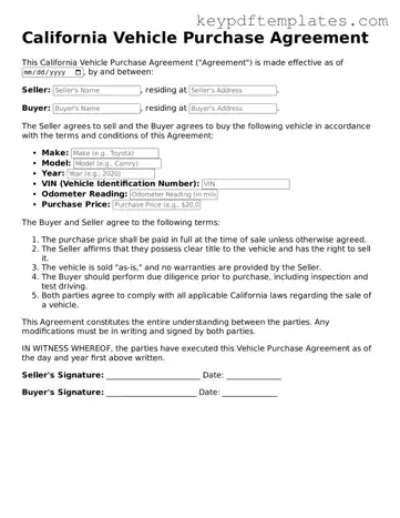 Legal Vehicle Purchase Agreement Document for the State of California