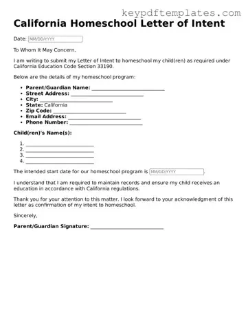 Legal Homeschool Letter of Intent Document for the State of California