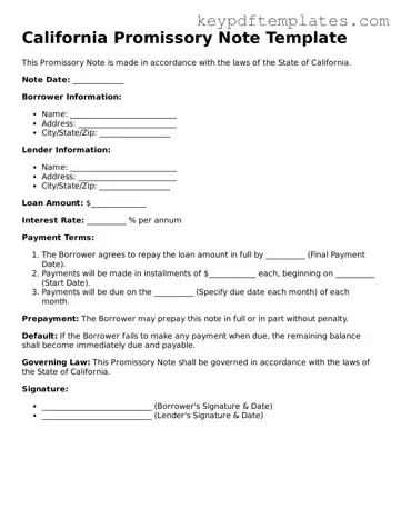 Legal Promissory Note Document for the State of California