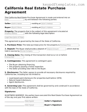 Legal Real Estate Purchase Agreement Document for the State of California
