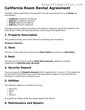 Legal Room Rental Agreement Document for the State of California