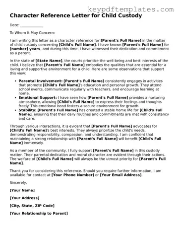 Printable Character Reference Letter for Child Custody Template