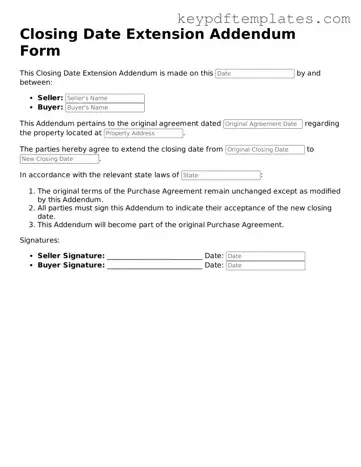 Printable Closing Date Extension Addendum Form Template