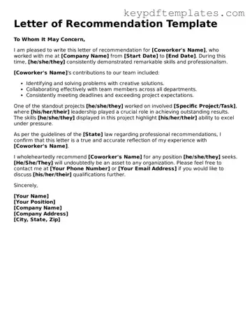 Printable Letter of Recommendation for Coworker Template