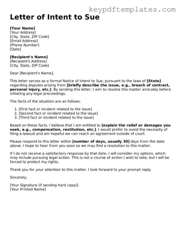 Printable Letter of Intent to Sue Template