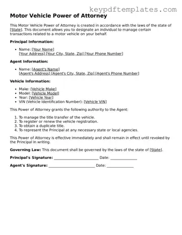 Printable Motor Vehicle Power of Attorney Template