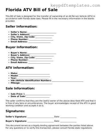 Legal ATV Bill of Sale Document for the State of Florida