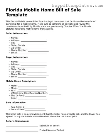 Legal Mobile Home Bill of Sale Document for the State of Florida