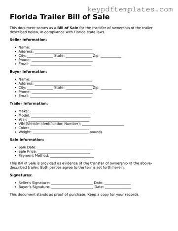 Legal Trailer Bill of Sale Document for the State of Florida