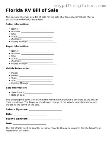 Legal RV Bill of Sale Document for the State of Florida
