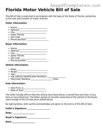 Legal Motor Vehicle Bill of Sale Document for the State of Florida