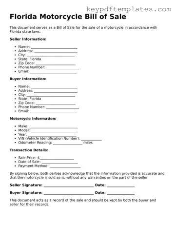 Legal Motorcycle Bill of Sale Document for the State of Florida
