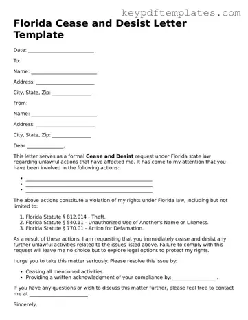 Legal Cease and Desist Letter Document for the State of Florida