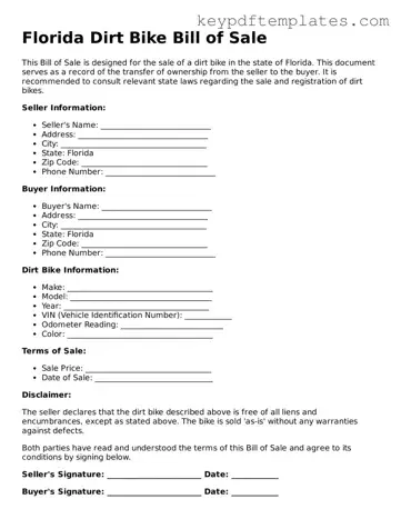Legal Dirt Bike Bill of Sale Document for the State of Florida