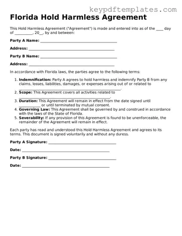 Legal Hold Harmless Agreement Document for the State of Florida