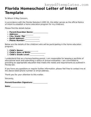 Legal Homeschool Letter of Intent Document for the State of Florida