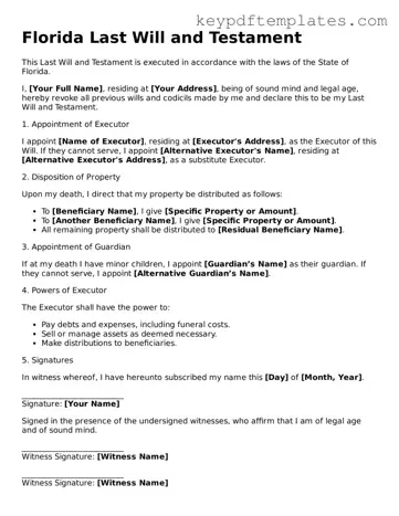 Legal Last Will and Testament Document for the State of Florida