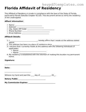 Legal Affidavit of Residency Document for the State of Florida