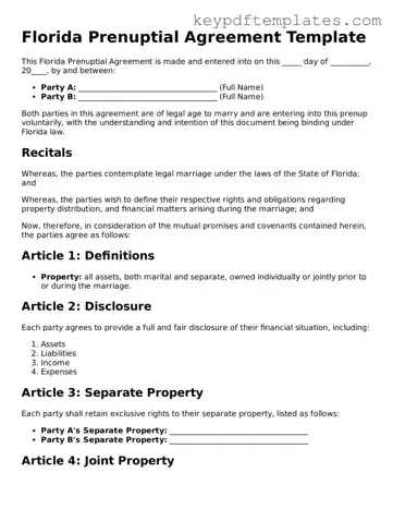 Legal Prenuptial Agreement Document for the State of Florida