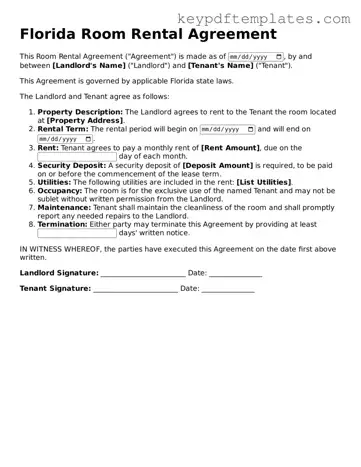 Legal Room Rental Agreement Document for the State of Florida