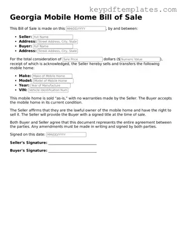Legal Mobile Home Bill of Sale Document for the State of Georgia
