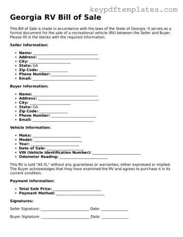 Legal RV Bill of Sale Document for the State of Georgia