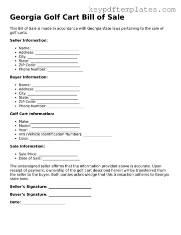 Legal Golf Cart Bill of Sale Document for the State of Georgia