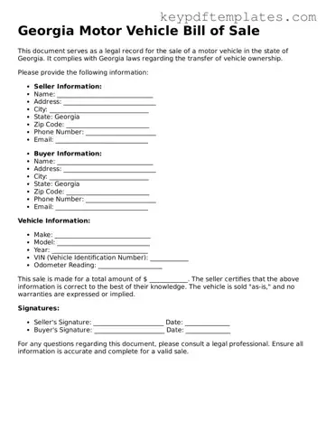 Legal Motor Vehicle Bill of Sale Document for the State of Georgia