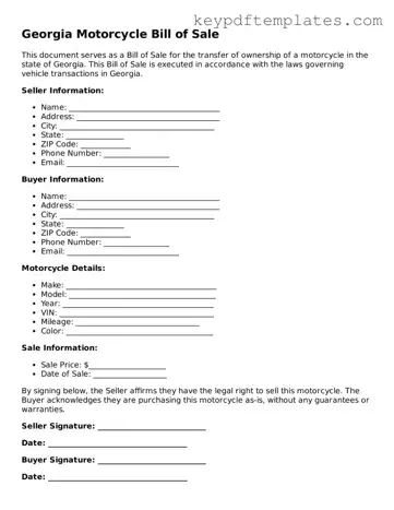 Legal Motorcycle Bill of Sale Document for the State of Georgia
