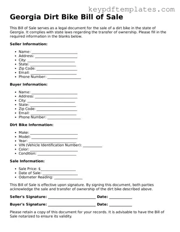 Legal Dirt Bike Bill of Sale Document for the State of Georgia